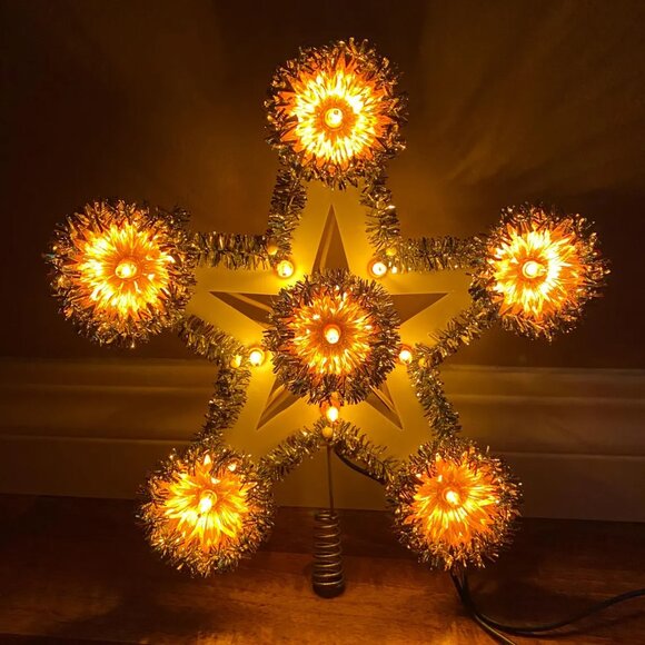 Vintage Light Up Sparkly Star Tree Topper Cute Golden Christmas Decor - Picture 1 of 6